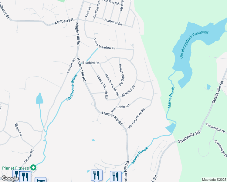 map of restaurants, bars, coffee shops, grocery stores, and more near 72 Meadow Lark Road in Naugatuck