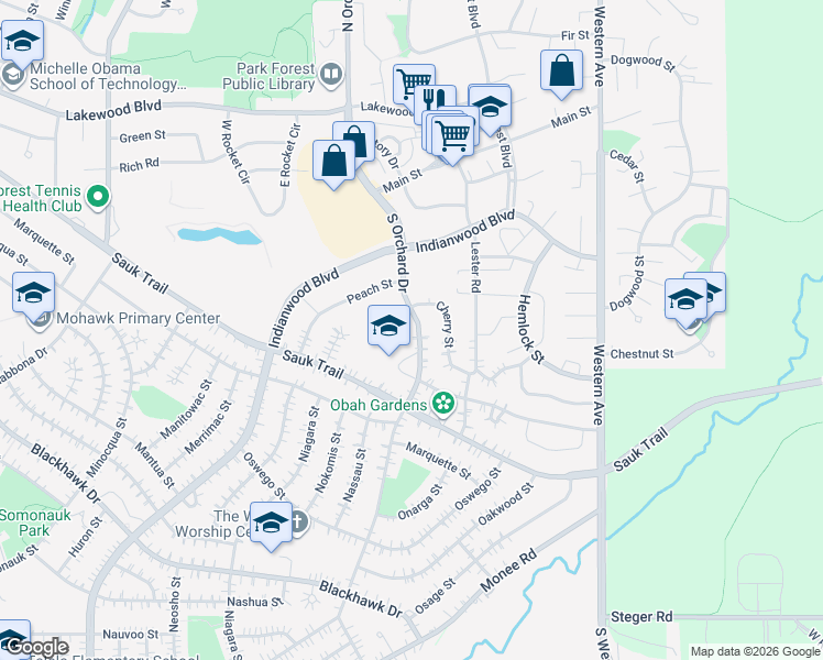 map of restaurants, bars, coffee shops, grocery stores, and more near 224 South Orchard Drive in Park Forest