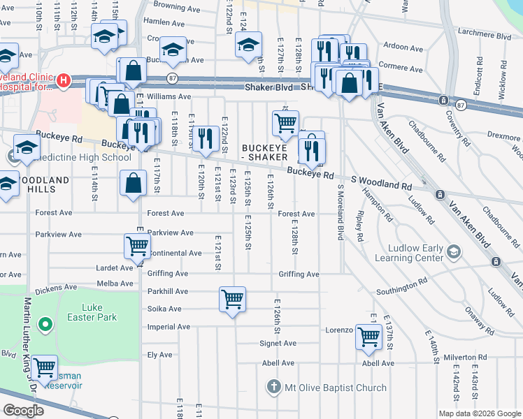 map of restaurants, bars, coffee shops, grocery stores, and more near 12520 Forest Avenue in Cleveland