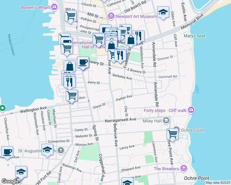 map of restaurants, bars, coffee shops, grocery stores, and more near 364 Bellevue Avenue in Newport