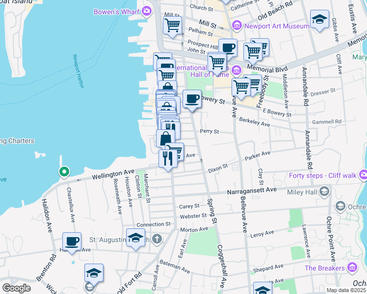 map of restaurants, bars, coffee shops, grocery stores, and more near 21 Underwood Court in Newport