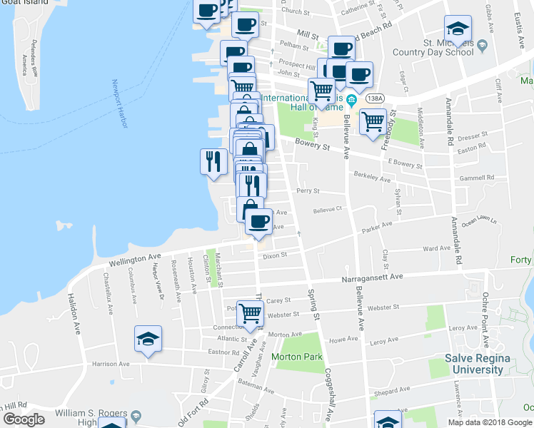 map of restaurants, bars, coffee shops, grocery stores, and more near 11 Dean Avenue in Newport