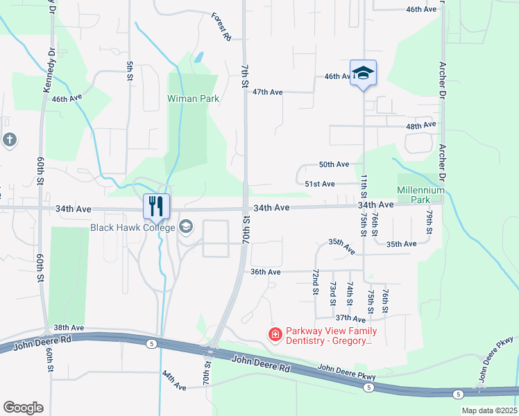 map of restaurants, bars, coffee shops, grocery stores, and more near 7000 34th Avenue in Moline