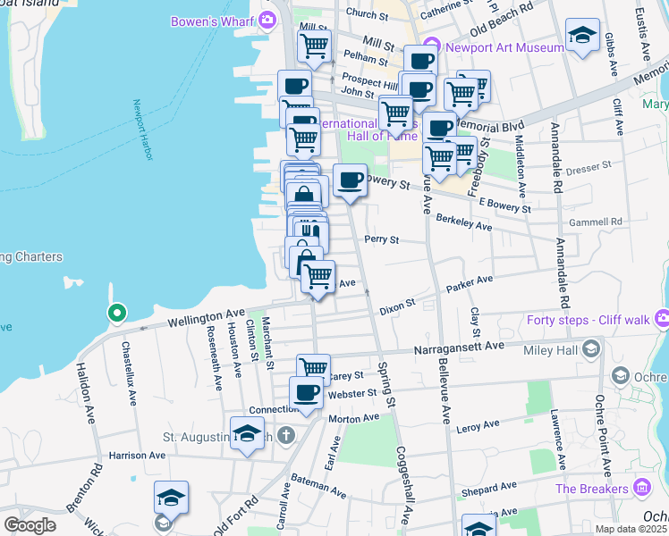 map of restaurants, bars, coffee shops, grocery stores, and more near 21 Underwood Court in Newport