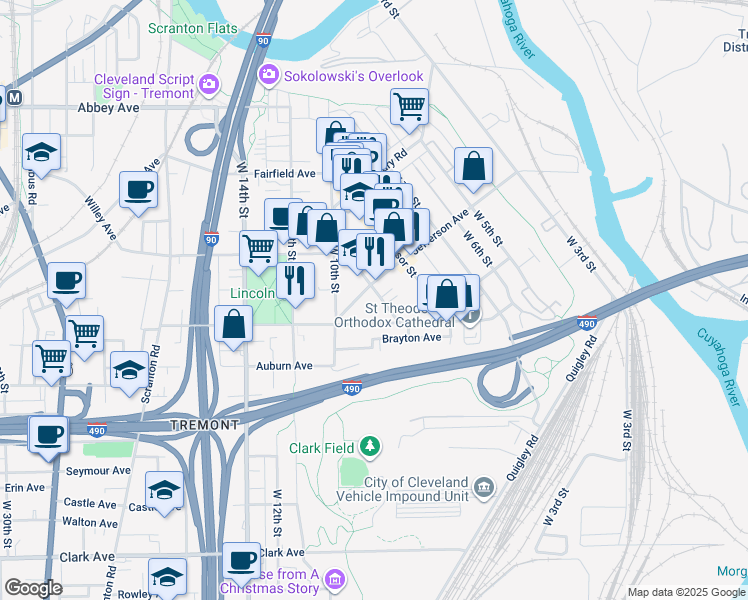 map of restaurants, bars, coffee shops, grocery stores, and more near 2458 Tremont Avenue in Cleveland