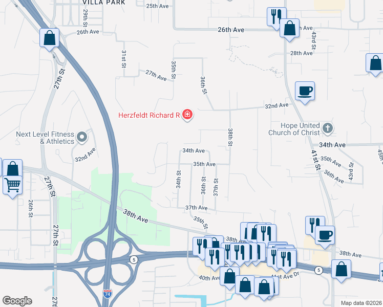 map of restaurants, bars, coffee shops, grocery stores, and more near 3502 34th Avenue in Moline
