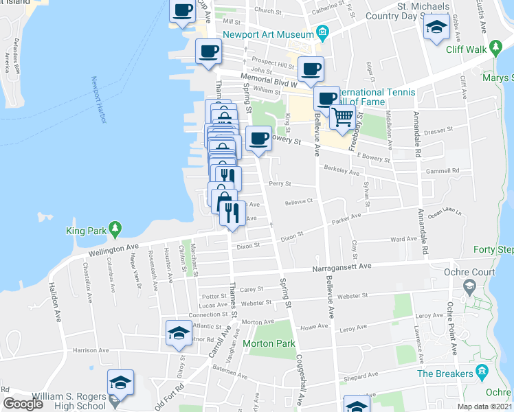map of restaurants, bars, coffee shops, grocery stores, and more near 21 Underwood Court in Newport