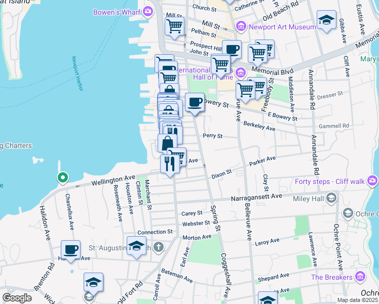 map of restaurants, bars, coffee shops, grocery stores, and more near 21 Underwood Court in Newport