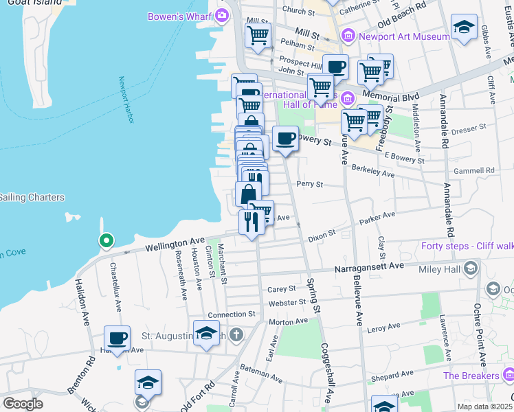 map of restaurants, bars, coffee shops, grocery stores, and more near 547 Thames Street in Newport