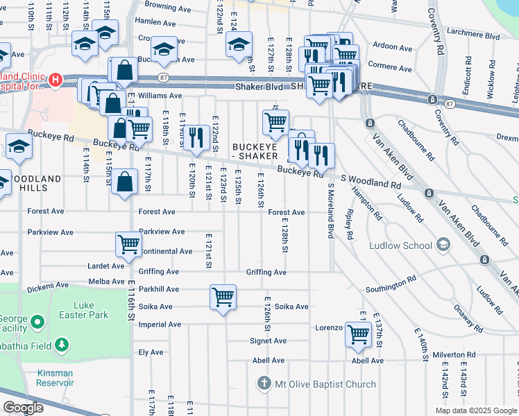 map of restaurants, bars, coffee shops, grocery stores, and more near 12520 Forest Avenue in Cleveland