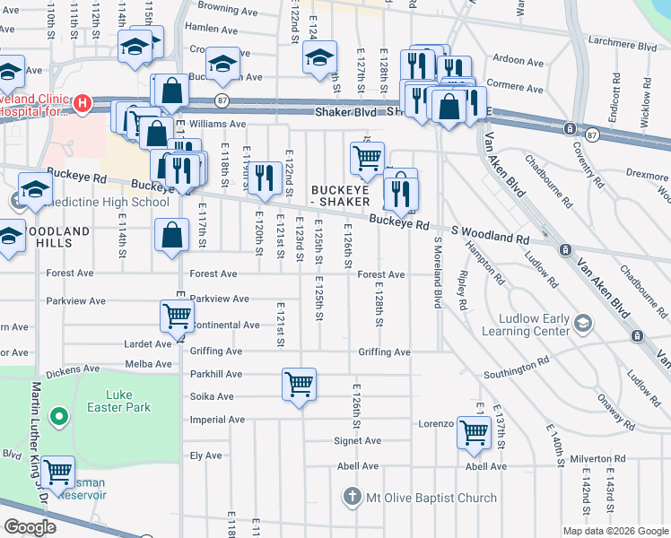 map of restaurants, bars, coffee shops, grocery stores, and more near 12520 Forest Avenue in Cleveland