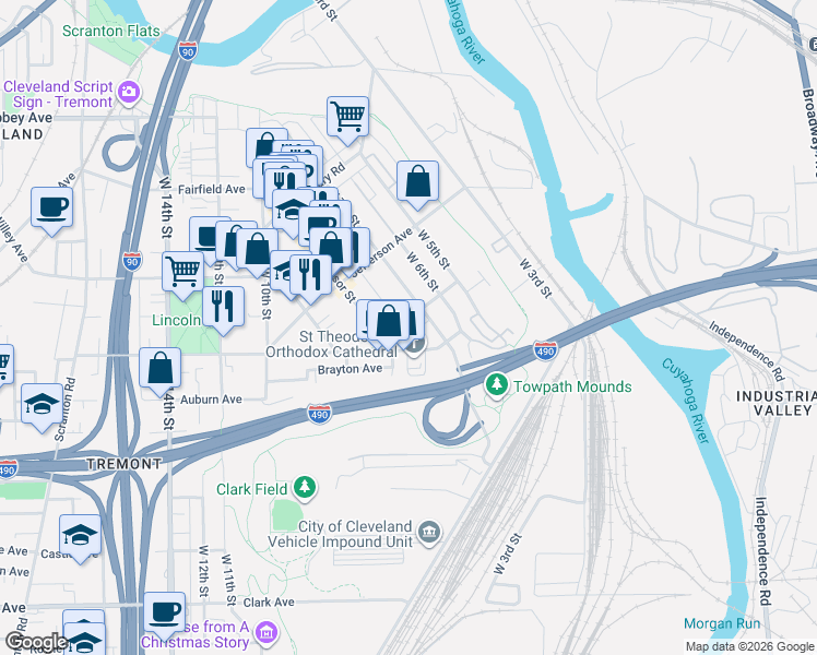 map of restaurants, bars, coffee shops, grocery stores, and more near 2505 Professor Avenue in Cleveland