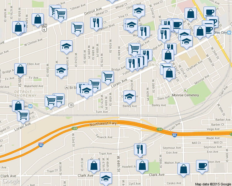map of restaurants, bars, coffee shops, grocery stores, and more near 2042 West 44th Street in Cleveland