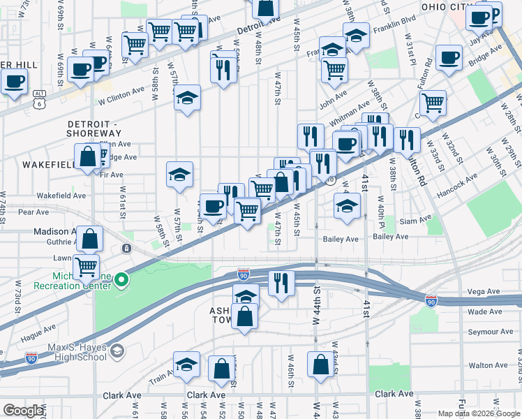 map of restaurants, bars, coffee shops, grocery stores, and more near 4744 Lorain Avenue in Cleveland