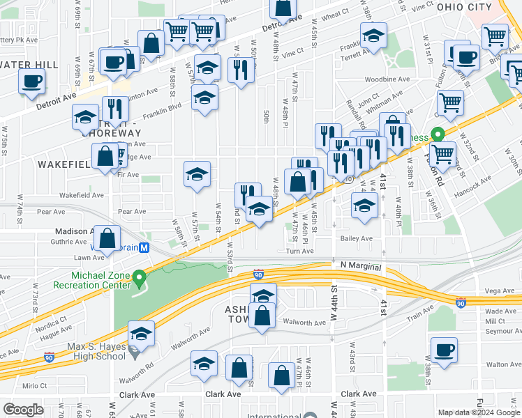 map of restaurants, bars, coffee shops, grocery stores, and more near 1978 West 50th Street in Cleveland