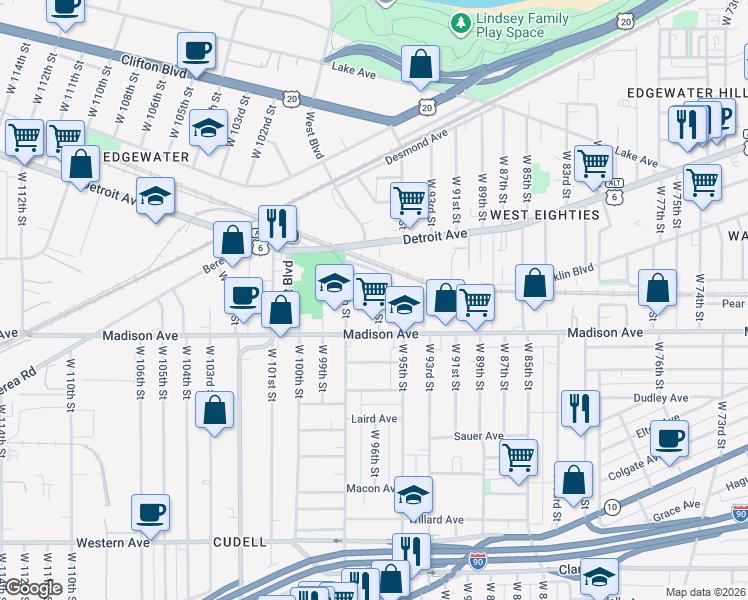 map of restaurants, bars, coffee shops, grocery stores, and more near 1966 West 96th Street in Cleveland
