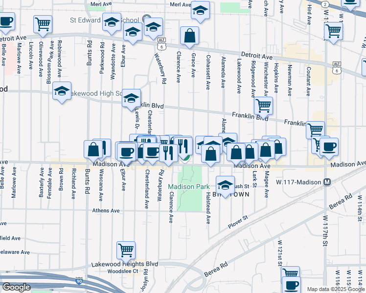 map of restaurants, bars, coffee shops, grocery stores, and more near 1645 Clarence Avenue in Lakewood