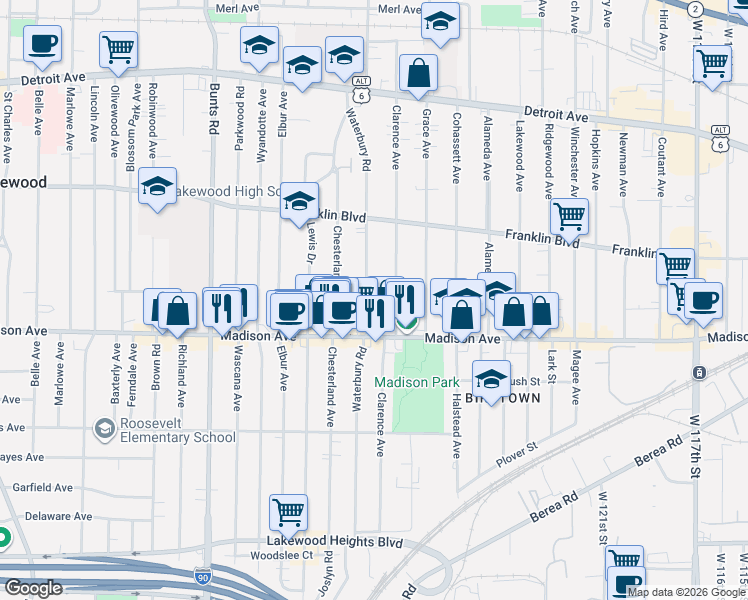 map of restaurants, bars, coffee shops, grocery stores, and more near 1644 Waterbury Road in Lakewood