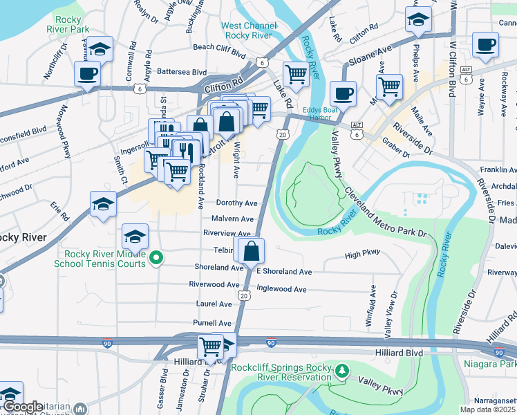 map of restaurants, bars, coffee shops, grocery stores, and more near 19222 Malvern Avenue in Rocky River