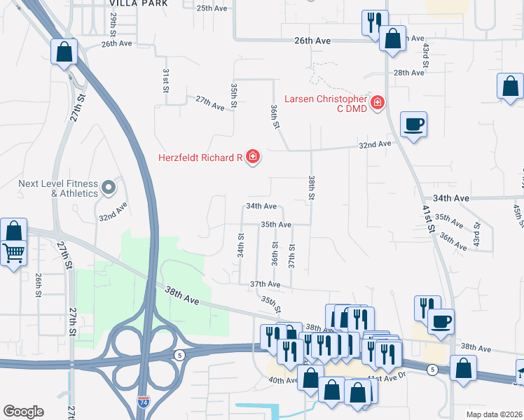 map of restaurants, bars, coffee shops, grocery stores, and more near 3502 34th Avenue in Moline