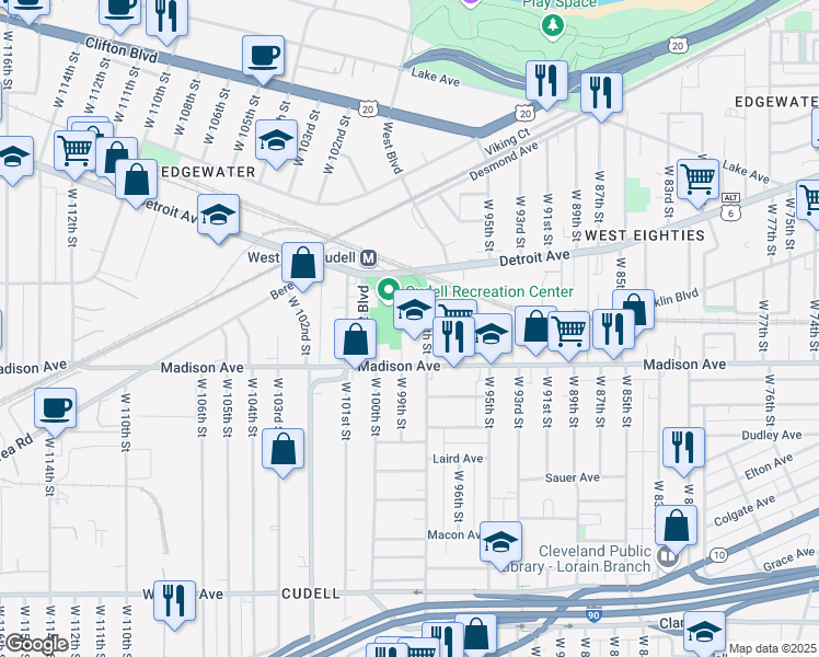 map of restaurants, bars, coffee shops, grocery stores, and more near 1468 West 98th Street in Cleveland