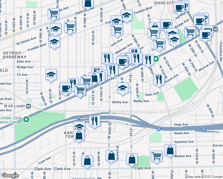 map of restaurants, bars, coffee shops, grocery stores, and more near 4317 Apple Avenue in Cleveland