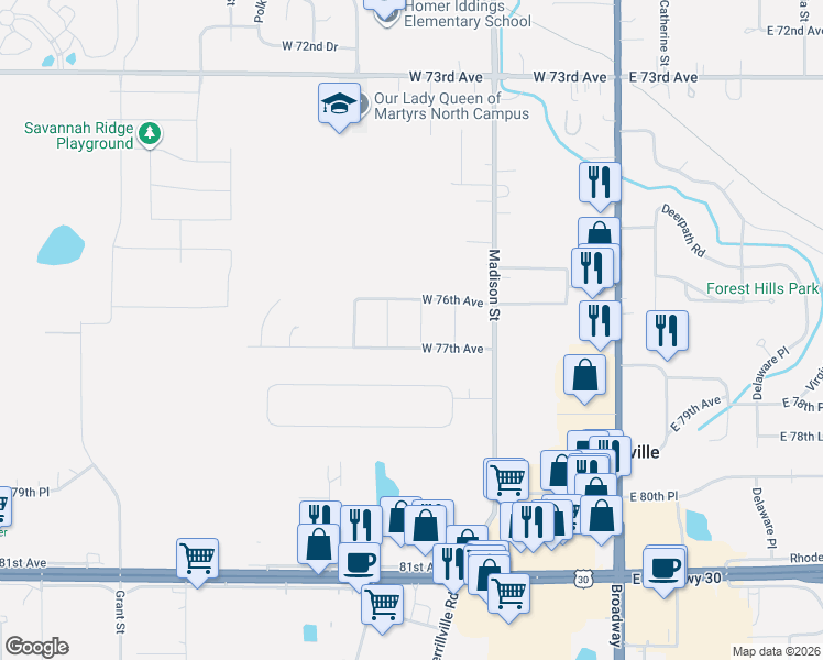 map of restaurants, bars, coffee shops, grocery stores, and more near 7697 Jackson St in Merrillville
