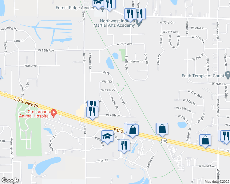 map of restaurants, bars, coffee shops, grocery stores, and more near 7725 Durbin Street in Schererville