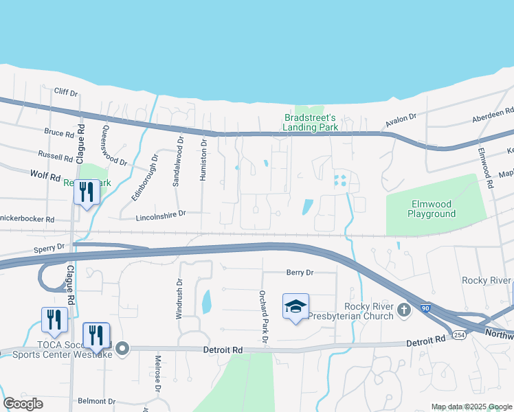 map of restaurants, bars, coffee shops, grocery stores, and more near 22709 Lake Road in Rocky River