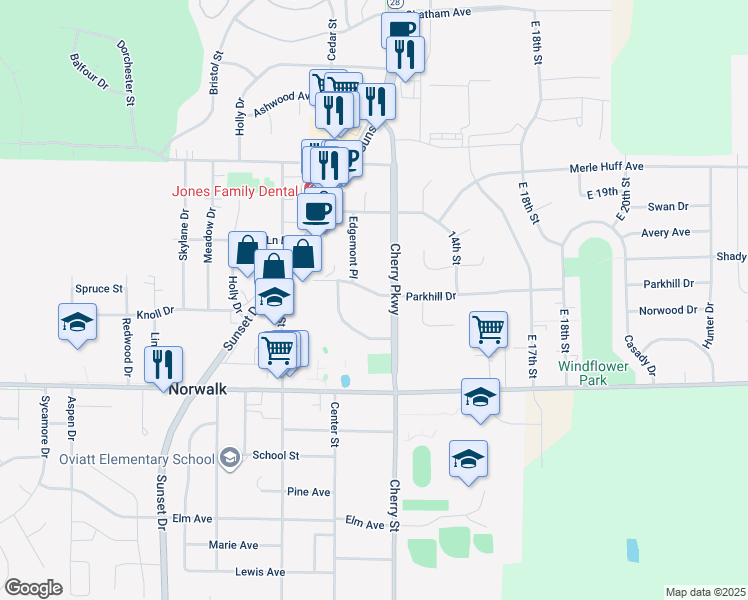 map of restaurants, bars, coffee shops, grocery stores, and more near 1116 Parkhill Drive in Norwalk