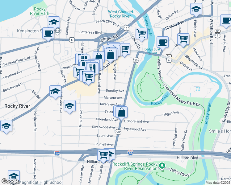 map of restaurants, bars, coffee shops, grocery stores, and more near 19222 Malvern Avenue in Rocky River