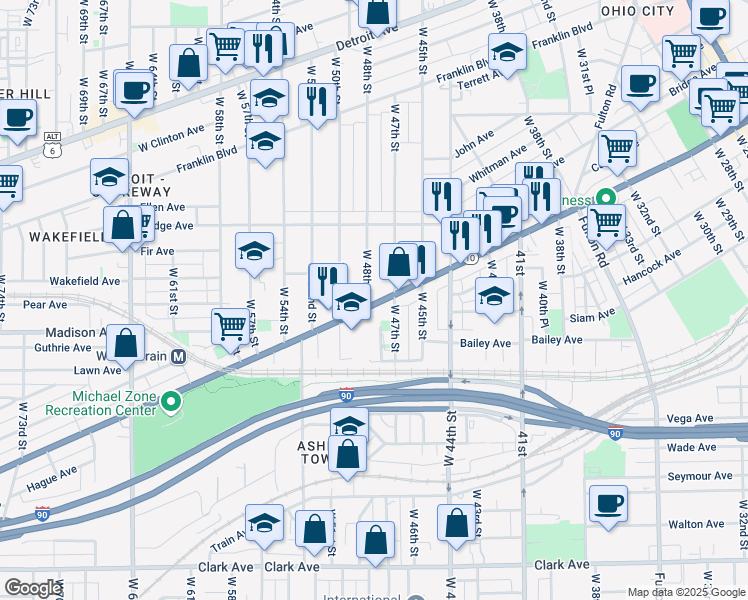 map of restaurants, bars, coffee shops, grocery stores, and more near 4744 Lorain Avenue in Cleveland