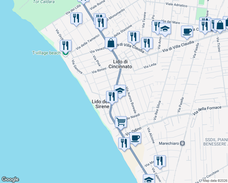 map of restaurants, bars, coffee shops, grocery stores, and more near 135 Via Ardeatina in Anzio