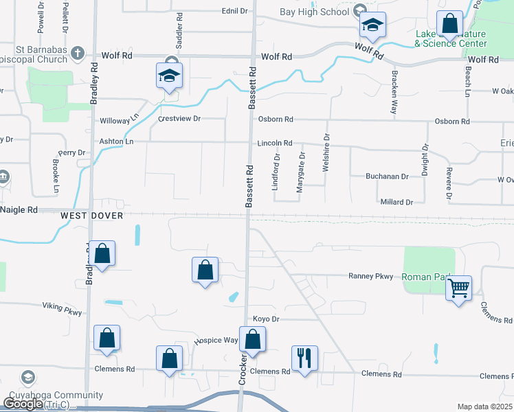 map of restaurants, bars, coffee shops, grocery stores, and more near 627 Bassett Road in Bay Village