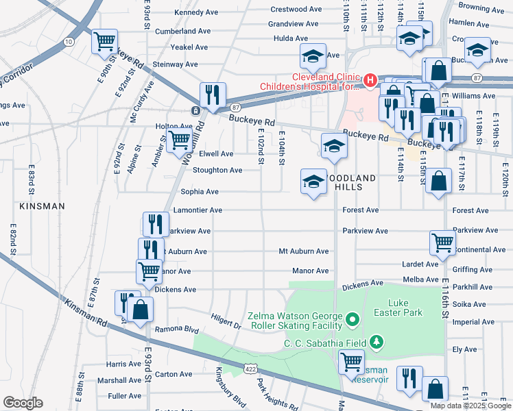 map of restaurants, bars, coffee shops, grocery stores, and more near 10014 Lamontier Avenue in Cleveland