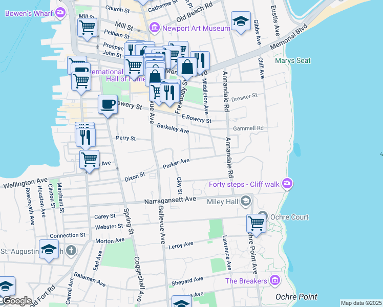 map of restaurants, bars, coffee shops, grocery stores, and more near 20 Sylvan Street in Newport