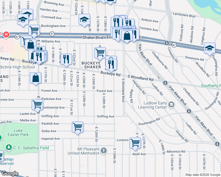 map of restaurants, bars, coffee shops, grocery stores, and more near 12902 Forest Avenue in Cleveland