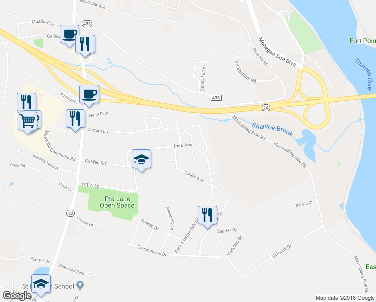 map of restaurants, bars, coffee shops, grocery stores, and more near 67 Park Avenue in Montville