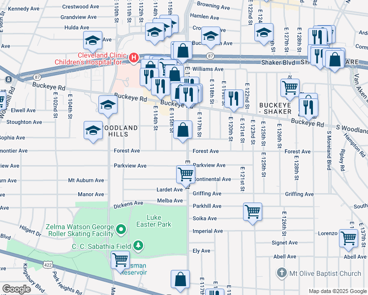 map of restaurants, bars, coffee shops, grocery stores, and more near in Cleveland