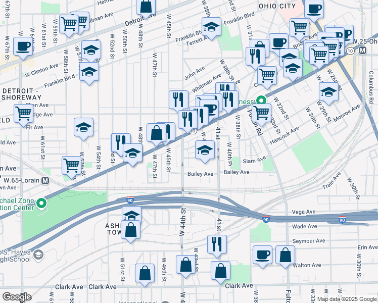 map of restaurants, bars, coffee shops, grocery stores, and more near 4317 Apple Avenue in Cleveland