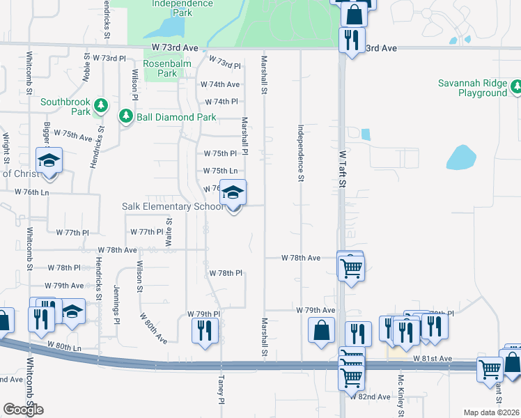 map of restaurants, bars, coffee shops, grocery stores, and more near 7700 Marshall Street in Merrillville