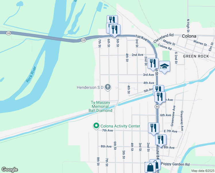 map of restaurants, bars, coffee shops, grocery stores, and more near 322 7th Street in Colona
