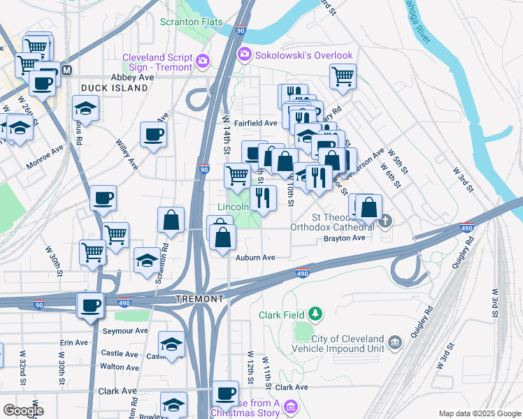 map of restaurants, bars, coffee shops, grocery stores, and more near 2421 West 11th Street in Cleveland