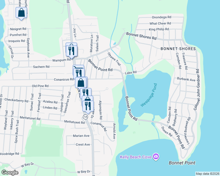 map of restaurants, bars, coffee shops, grocery stores, and more near 100 Algonquin Road in Narragansett