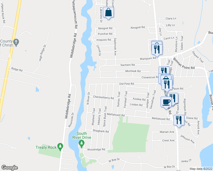 map of restaurants, bars, coffee shops, grocery stores, and more near 130 Spice Bush Trail in Narragansett