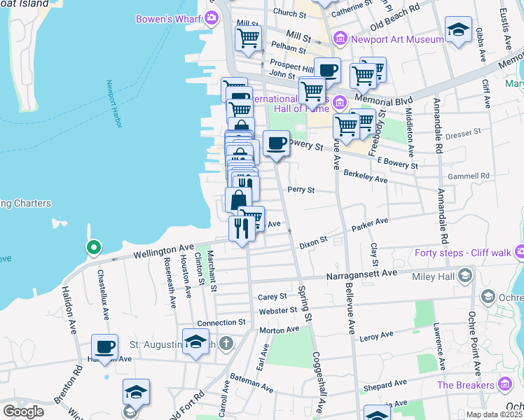 map of restaurants, bars, coffee shops, grocery stores, and more near 21 Underwood Court in Newport