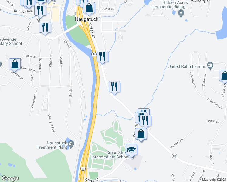 map of restaurants, bars, coffee shops, grocery stores, and more near 628 South Main Street in Naugatuck