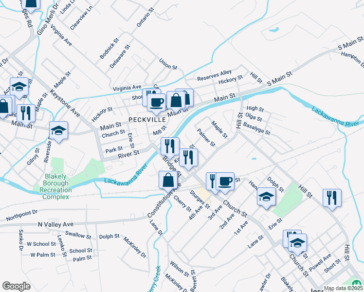 map of restaurants, bars, coffee shops, grocery stores, and more near 115 River St in Jessup