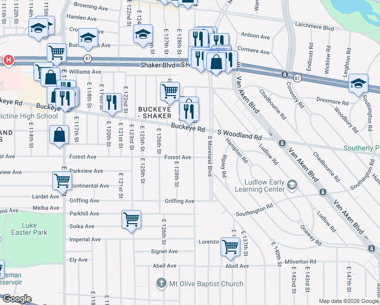 map of restaurants, bars, coffee shops, grocery stores, and more near 12902 Forest Avenue in Cleveland