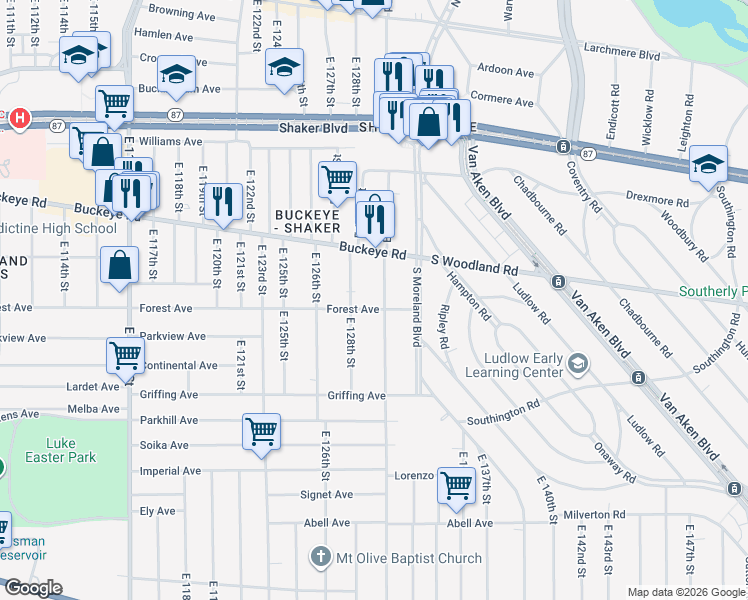 map of restaurants, bars, coffee shops, grocery stores, and more near 12902 Forest Avenue in Cleveland